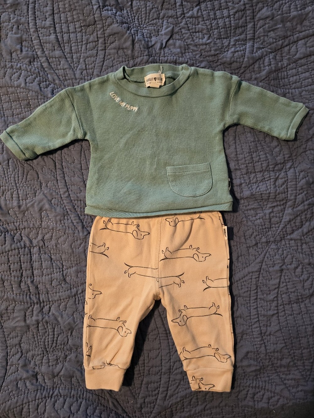 100% Organic Cotton Waffle-Knit Top & Tan Dog-Print Pajama Set by Little Wild